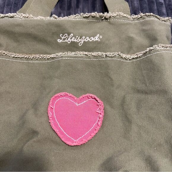 Life is Good Canvas Tote Bag Frayed Edge w/ Heart Green - Picture 2 of 8